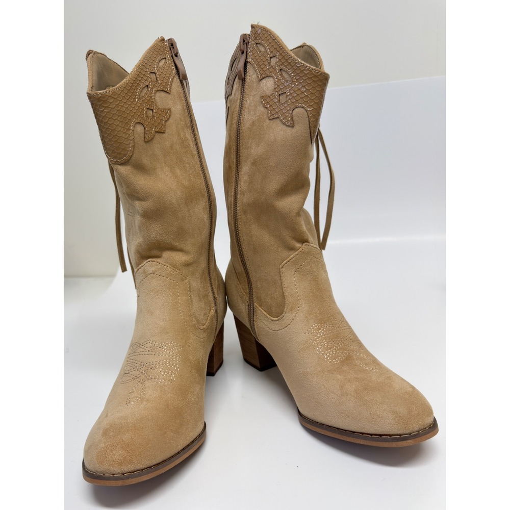 Shibever Western Boots Womens 7 Tan Faux Suede Snakeskin Zip Block Heel